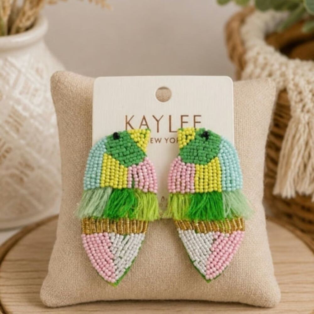 Kay Lee Colorful Beaded Fringe Bird Earrings New